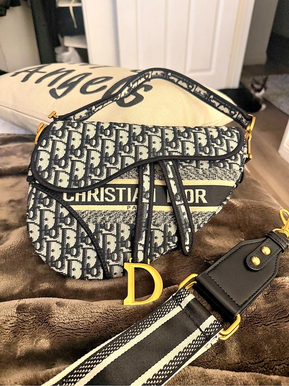 Christian Dior Saddle Oblique Crossbody in Black & White